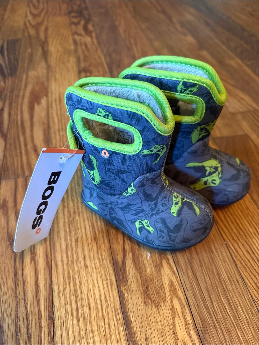 Bogs Kids Gray Rain Boots with Neon Green Trim and Dinosaur Print